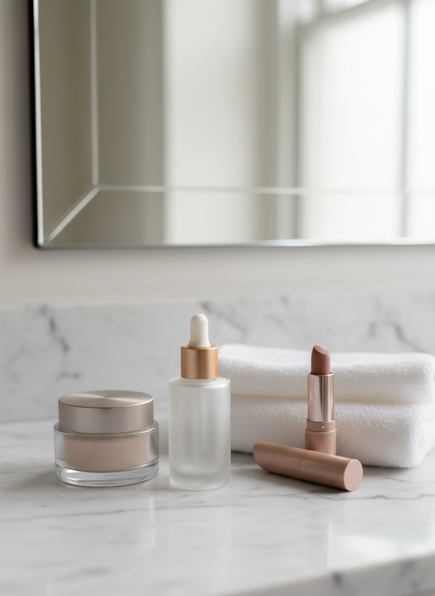 A polished marble vanity surface featuring a carefully arranged selection of modern beauty essentials: a frosted glass serum bottle with a brushed gold dropper, a slim rose-beige lipstick tube with a satin finish, a translucent loose powder jar with a finely textured lid, and a folded plush white face towel. Behind them, a softly out-of-focus frameless mirror reflects gentle diffused daylight from a nearby window. The light creates delicate highlights along the glass edges and a subtle glow on the marble veining. Captured at an eye-level, close-up angle with shallow depth of field, the photographic realism, clean composition, and muted color palette convey a sophisticated, luxurious yet approachable atmosphere for beauty product reviews.