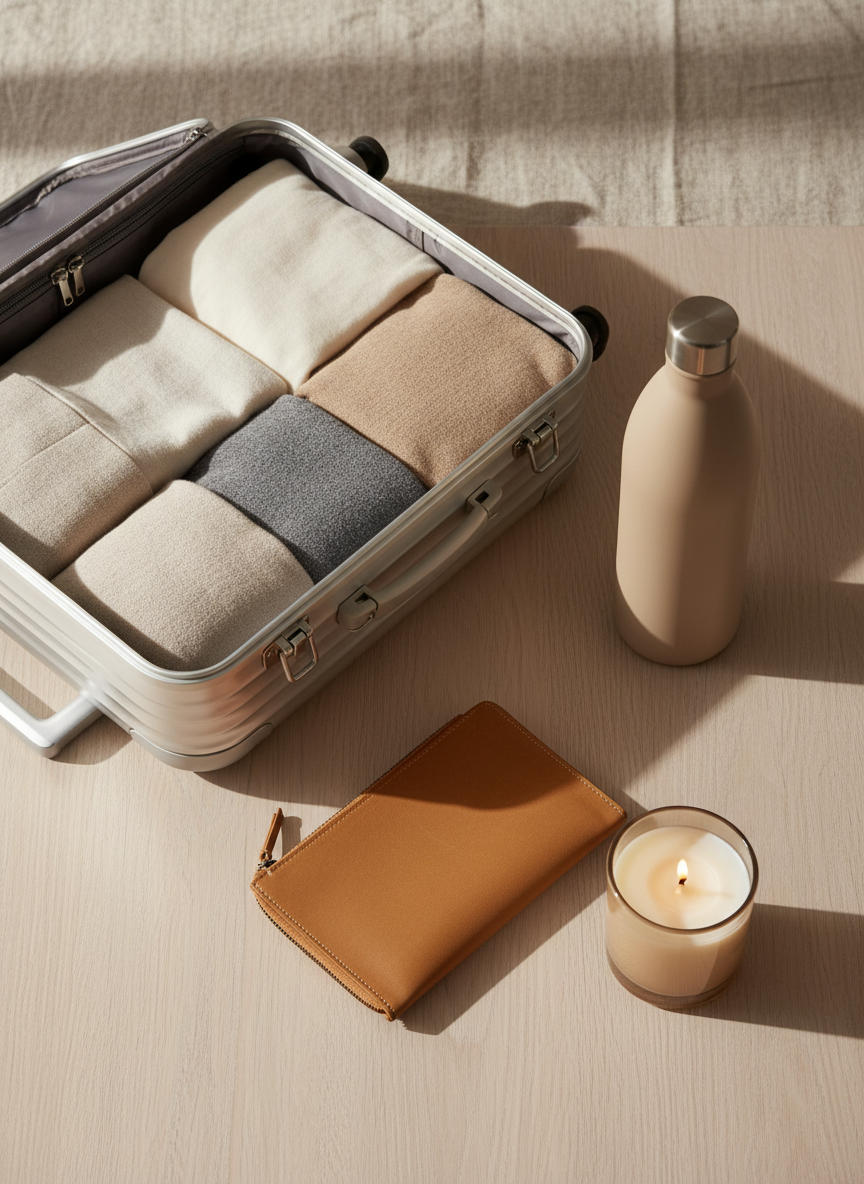A curated flat lay of modern lifestyle must-haves arranged on a pale oak tabletop: a sleek brushed-aluminum carry-on suitcase partially open to reveal neatly folded neutral-toned clothing, a matte sand-colored insulated water bottle, a slim leather zip pouch, and a minimalist amber-glass candle. Soft morning daylight from an unseen window washes across the scene, creating gentle shadows and subtle reflections on the metal surfaces. The background is softly blurred linen in warm beige tones, keeping the focus on the objects. Shot from a bird’s eye view with photographic realism, the composition follows the rule of thirds, conveying a sophisticated, calm, and aspirational mood suitable for a lifestyle review blog hero image.